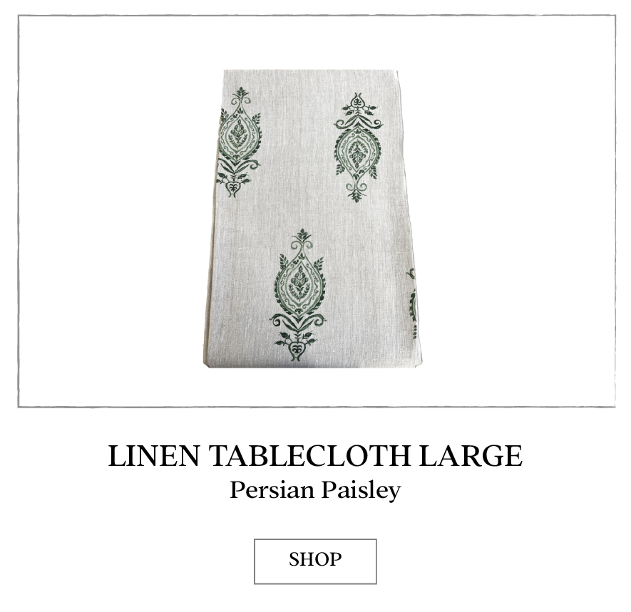 Collette Dinnigan Linen Green Paisley Tablecloth Small is made of 100% linen.
