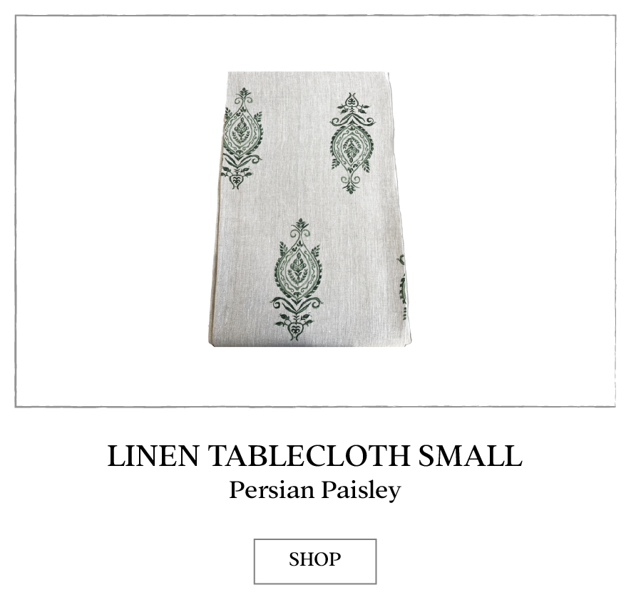 Collette Dinnigan Linen Green Paisley Tablecloth Large is made of 100% linen.