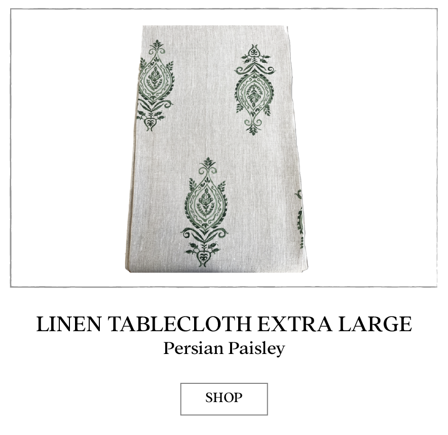 Collette Dinnigan Linen Green Paisley Tablecloth Extra Large is made of 100% linen.