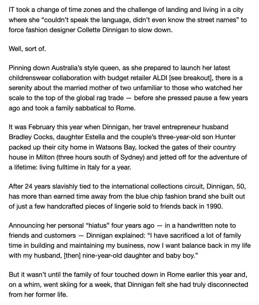 Oct 2016 news.com.au Collette Dinnigan Press Media Profile Collaborations Fashion