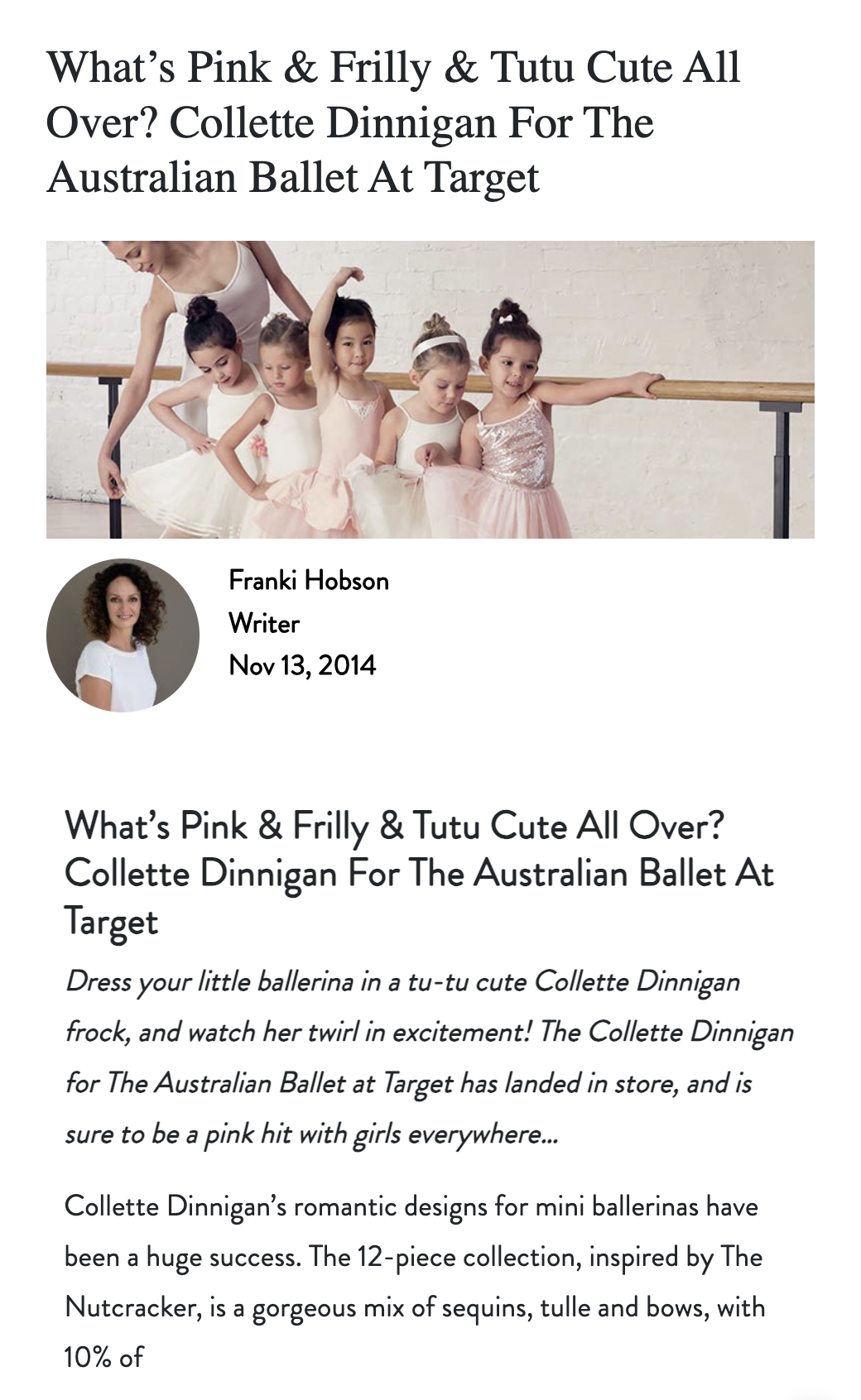 Collaboration Collette Dinnigan Australian Ballet with Target November 2014